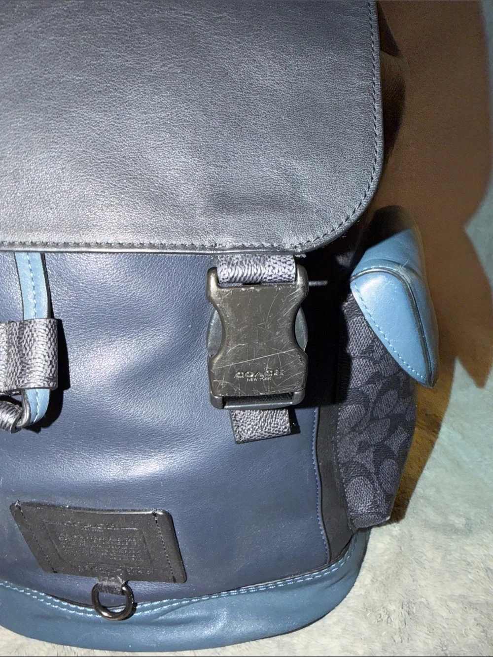 Coach Men’s Blue Leather & Signature Canvas Flap Backpack